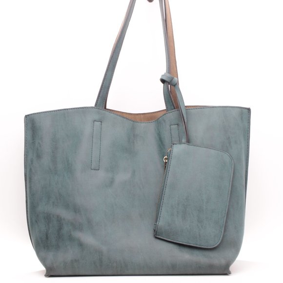 Reversable Beach Bag Shopping Tote Oversize Purse + Small Bag Blue-Green/Tan - Picture 3 of 16